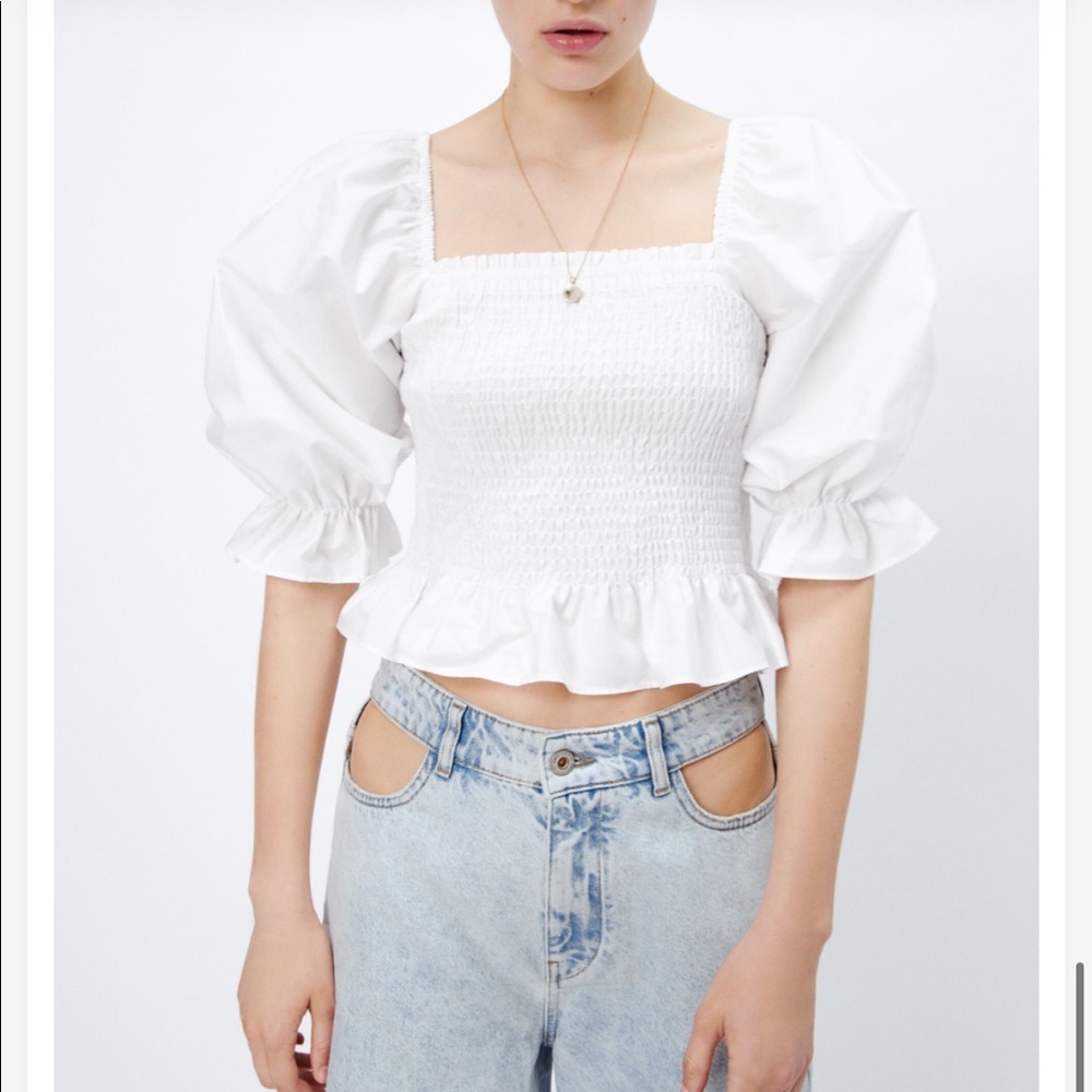 Zara NWOT Balloon Sleeve Stretch Poplin Top